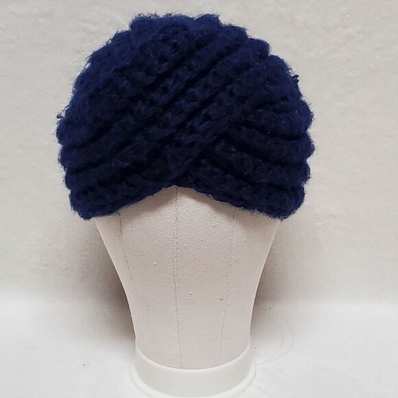 Vintage Accessories - VINTAGE 1970s K-Mart Blue Thick Crochet Knit Turban Boho Headwrap Hat Beanie